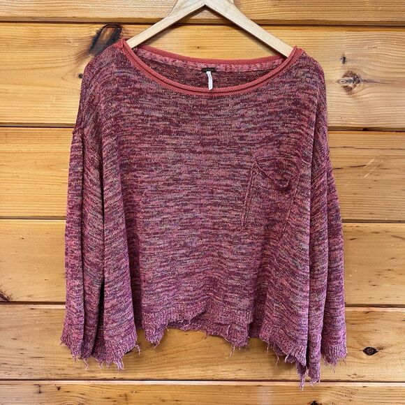 Free People Prism Pullover Sweater Oversized Slouchy Raw Edge Coral Red Size S - Picture 2 of 6